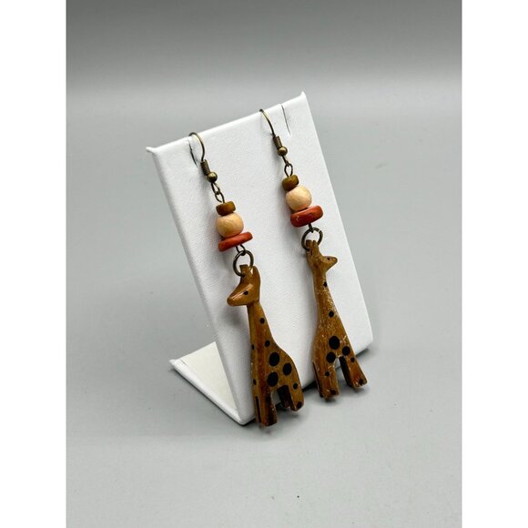 Vintage Giraffe Earrings Carved Hand Painted Wood Dangles Animal Ethnic Jewelry - Picture 2 of 8